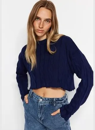 Navy Blue Super Crop Hair Knit Sweater Sweater TWOAW24KZ00706