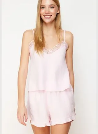 Pink Plain Satin Woven Pajamas Set