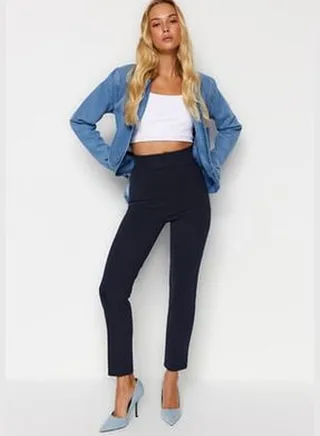 Navy Blue High Waist Lifter Ribbed Elastic Waist Slim Fit Thick Knitted Pants TWOAW24PL00114