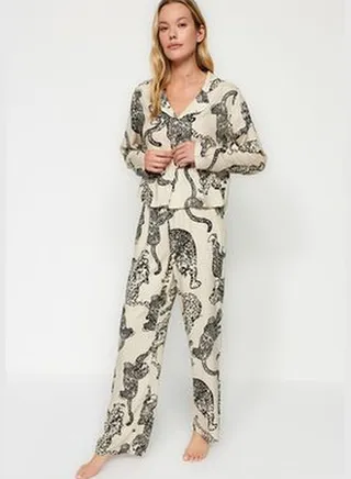 Cream Leopard Pattern Viscose Shirt-Pants, Woven Pajamas Set THMAW24PT00092.