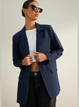 Navy Blue Premium Oversize Woven Lined Blazer Jacket TWOAW24BC00046