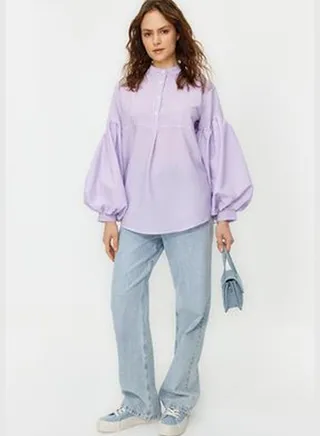 Lilac Balloon Sleeve Woven Seeer Tunic TCTSS24UK00017
