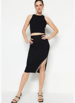 Black Asymmetrical Knitted Skirt with Shiny Stones TPRAW23ET00023