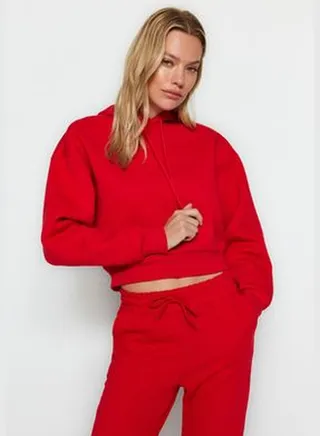 Red Thick Fleece Hoodie. Relaxed-Cut Crop Basic Knitted Sweatshirt TWOAW24SW00105.