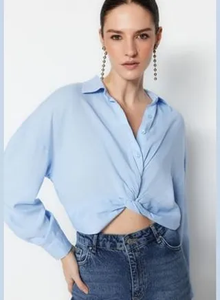 Light Blue Woven Gathered Blouse TWOSS23BZ00442