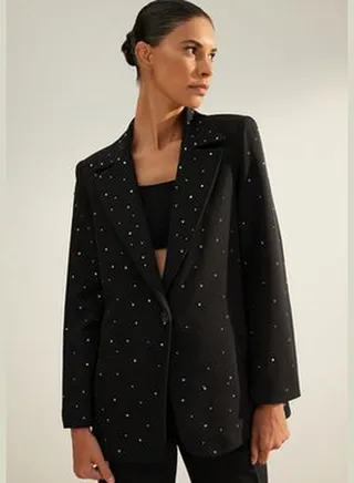 Black Regular Lined Stone Woven Blazer Jacket TWOAW24BC00078