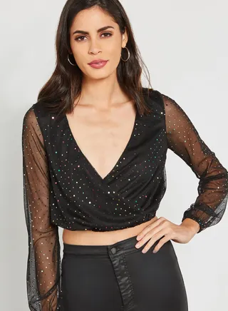 Mesh Sleeve Wrap Top