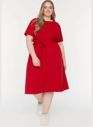 Red Belted Knitted Crewneck Dress TBBSS22AH0242