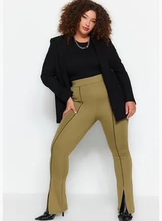 Light Khaki Knitted Leggings with Rib Stitch Detail and Slits.