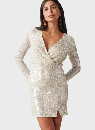 Surplice Neck Side Slit Sequin Dress