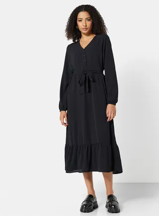 Belted Ruffle Midi Dress