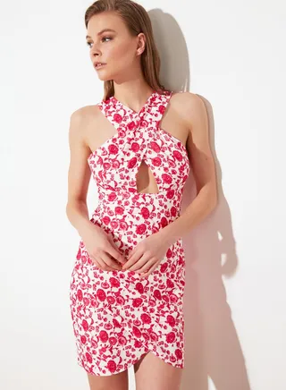 Cross Over Halter Neck Printed Dress