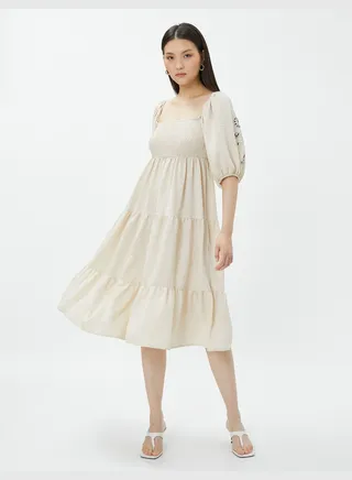 Embroidered Square Neck Gimped Bohemian Midi Dress