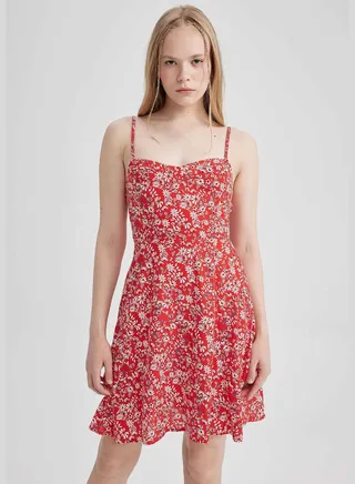 Patterned Adjustable Spaghetti Strap V Neck Fit And Flare Dress