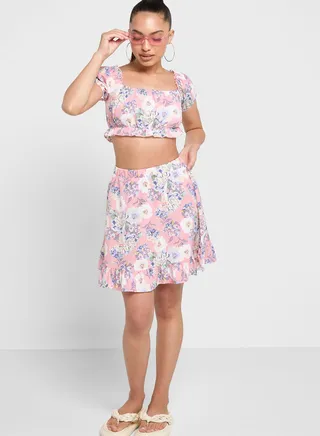 Bardot Style Printed Top And Skirt Set