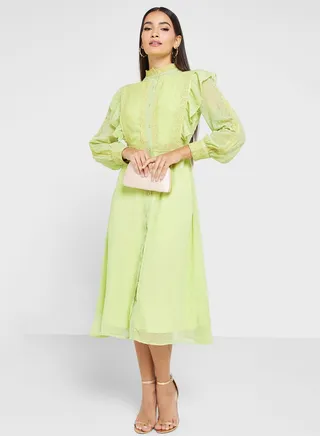 Self Textured Dress With Lace Trim