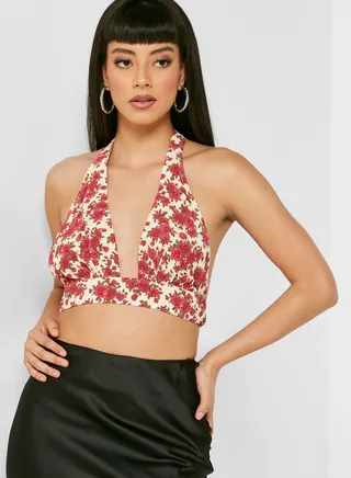 Plunge Neck Halter Neck Crop Top
