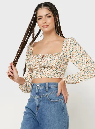 Printed Puff Sleeve Crop Top
