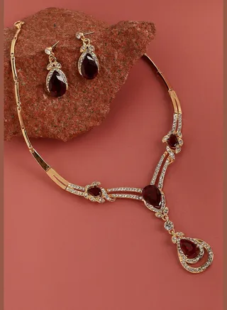 Gold Plated Designer Stone Party Wear Necklace and Earring Set For Women