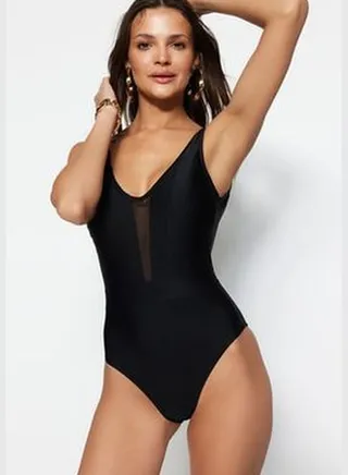 Black Square Neck Mesh Detailed Regular Leg Swimsuit TBESS23MA00199