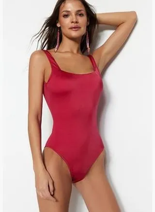 Claret Red Square Collar Regular Leg Swimsuit TBESS23MA00107