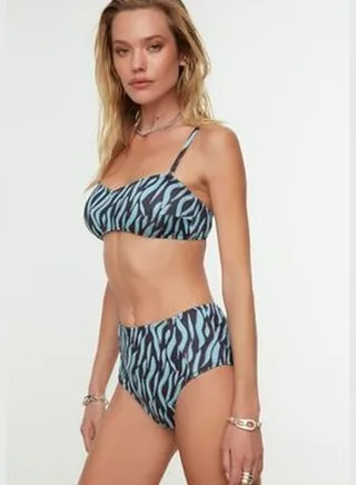 Blue Zebra Patterned High Waist Bikini Bottoms TBESS22BA0065