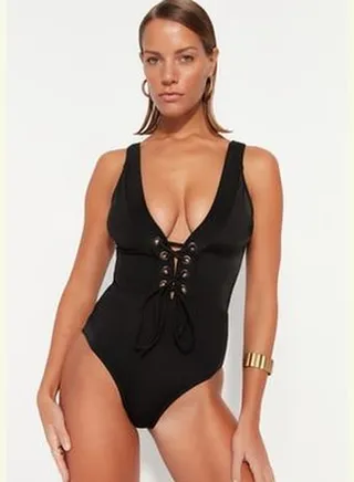 Black V-Neck Eyelets, Regular Leg Swimwear TBESS23MA00257
