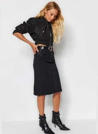 Black High Waist Midi Pencil Denim Skirt TWOSS21ET0297