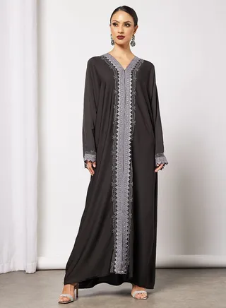 Abaya With Contrasting Stone Work And Lace Embellishment