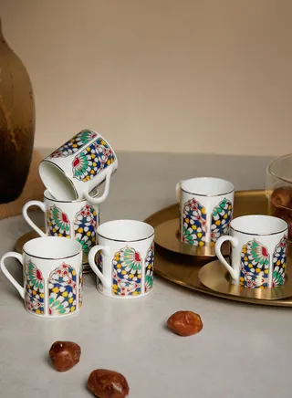 Set Of 6 Espresso Cups With Brass Saucers