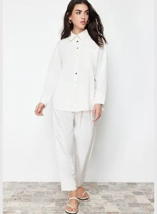 Beige Linen Look Shirt Trousers Woven Bottom Top Suit