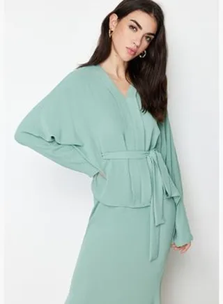 Khaki Tie Detailed Woven Aerobin Bottom Top Set