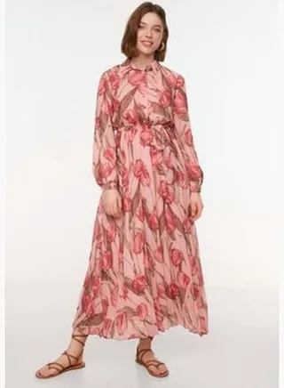 Pink Floral Pattern Shirt Collar Belted Lined Chiffon Woven Dress