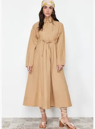 Camel Cord and Zipper Detailed Woven Dress