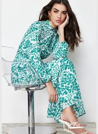 Green Lined Floral Woven Dress