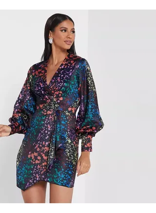Little Mistress Multi Print Satin Balloon Sleeve Wrap Dress