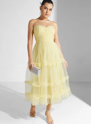 Bardot Mesh Tiered Dress