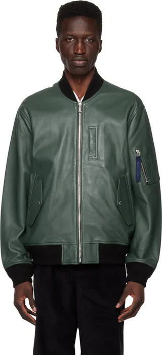 PS by Paul Smith Green Military Leather Bomber Jacket