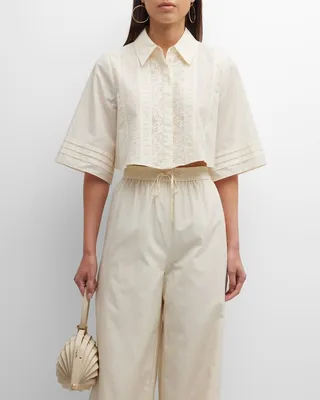Cropped Lace-Front Button-Down Shirt