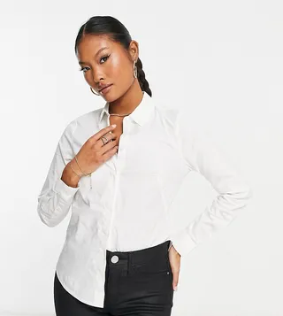 ASOS DESIGN Petite long sleeve fitted shirt in stretch cotton in white