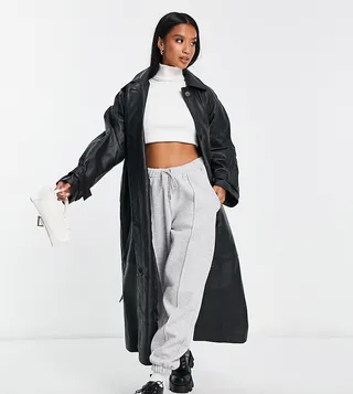 ASOS DESIGN Petite premium real leather trench coat in black
