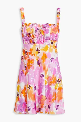 Simie gathered floral-print satin-twill mini dress