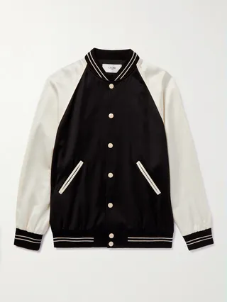 Teddy Oversized Embellished Embroidered Colour-Block Satin Bomber Jacket