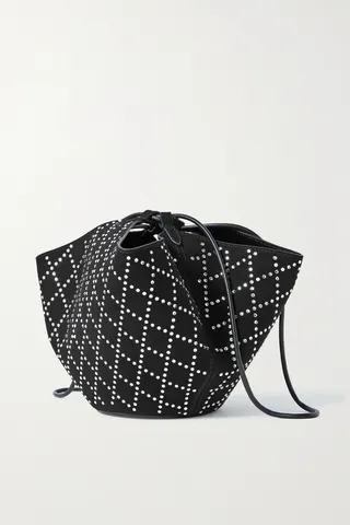 Khaite - Lotus Mini Leather-trimmed Crystal-embellished Suede Shoulder Bag - Black