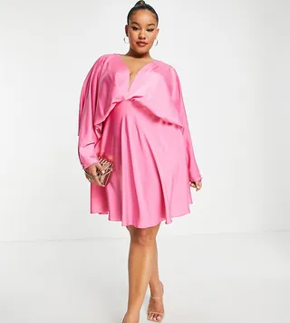 ASOS DESIGN Curve batwing satin mini dress with bias cut skirt and tie back in pink