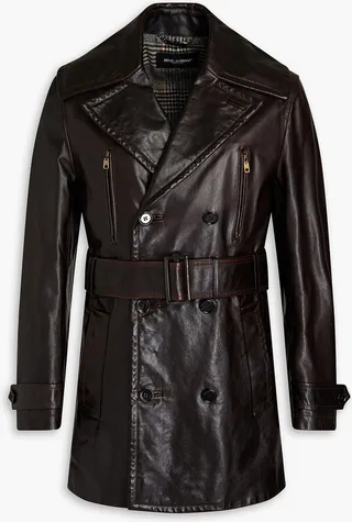 Double-breasted belted leather coat