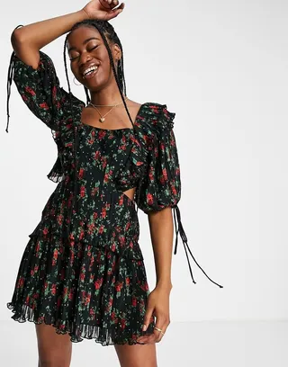 ASOS DESIGN pleat mini dress with ruffle and tie detail in rose floral print