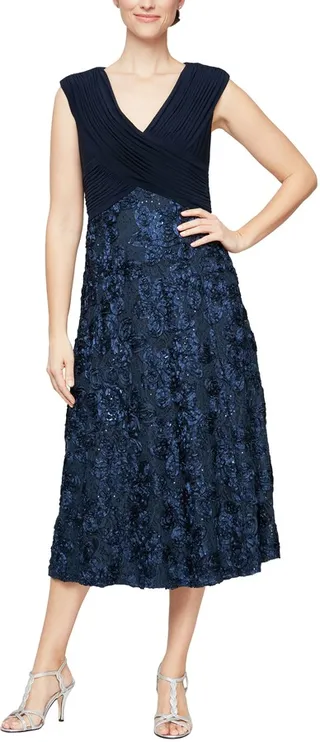 Sequin Soutache Mixed Media A-Line Midi Dress