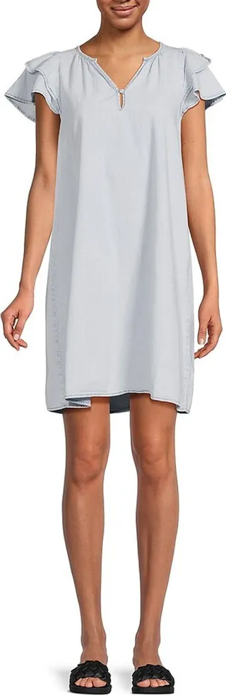 Ruffle Splitneck Shift Mini Dress