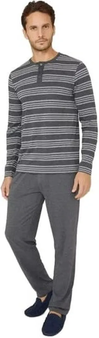Debenhams Mens Striped Jersey Grandad Collar Pajama Set - Gray